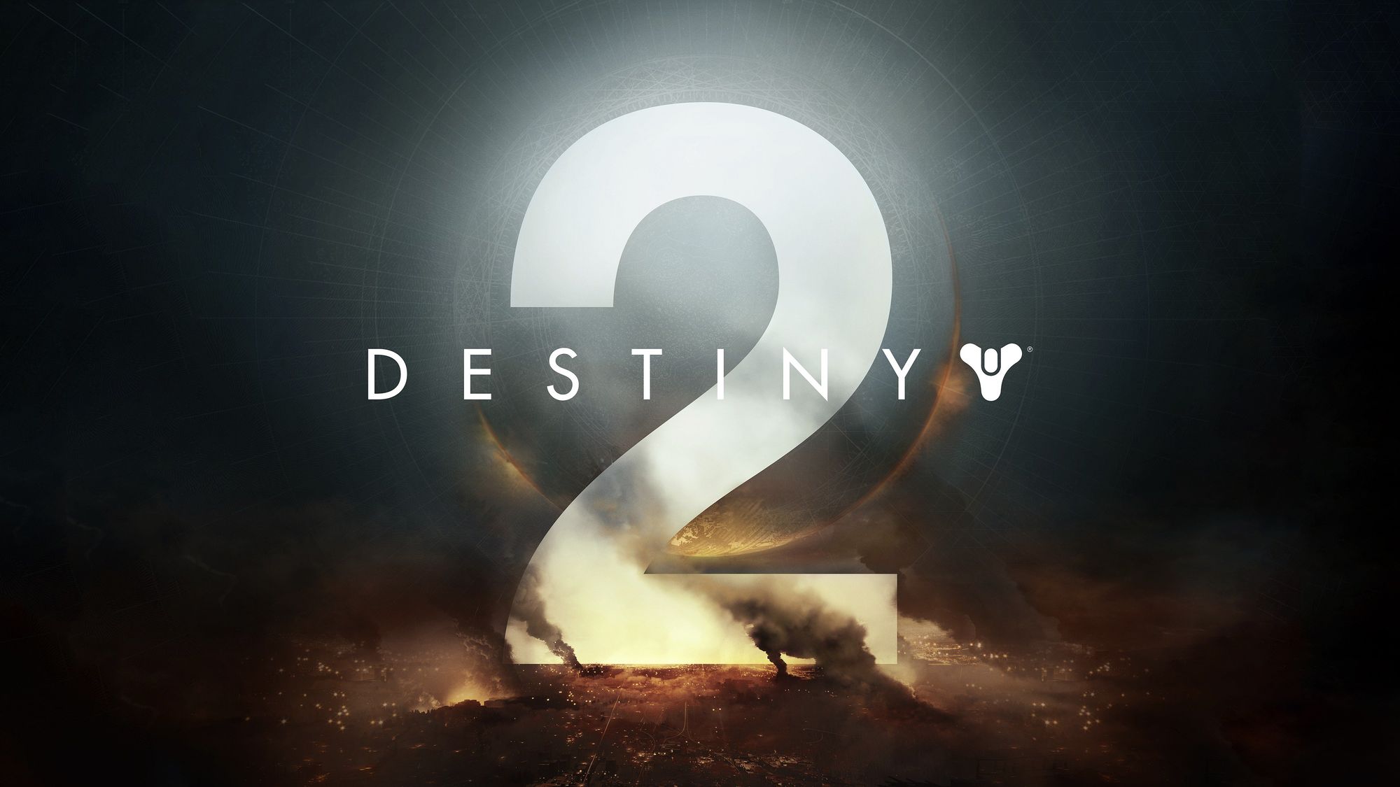 Imagen de anuncio de la expansión New Light del video juego Destiny 2. Se ve un número dos grande que ocupa el centro de la imagen y esta sobre una ciudad que aparenta estar en fuego o bajo ataque